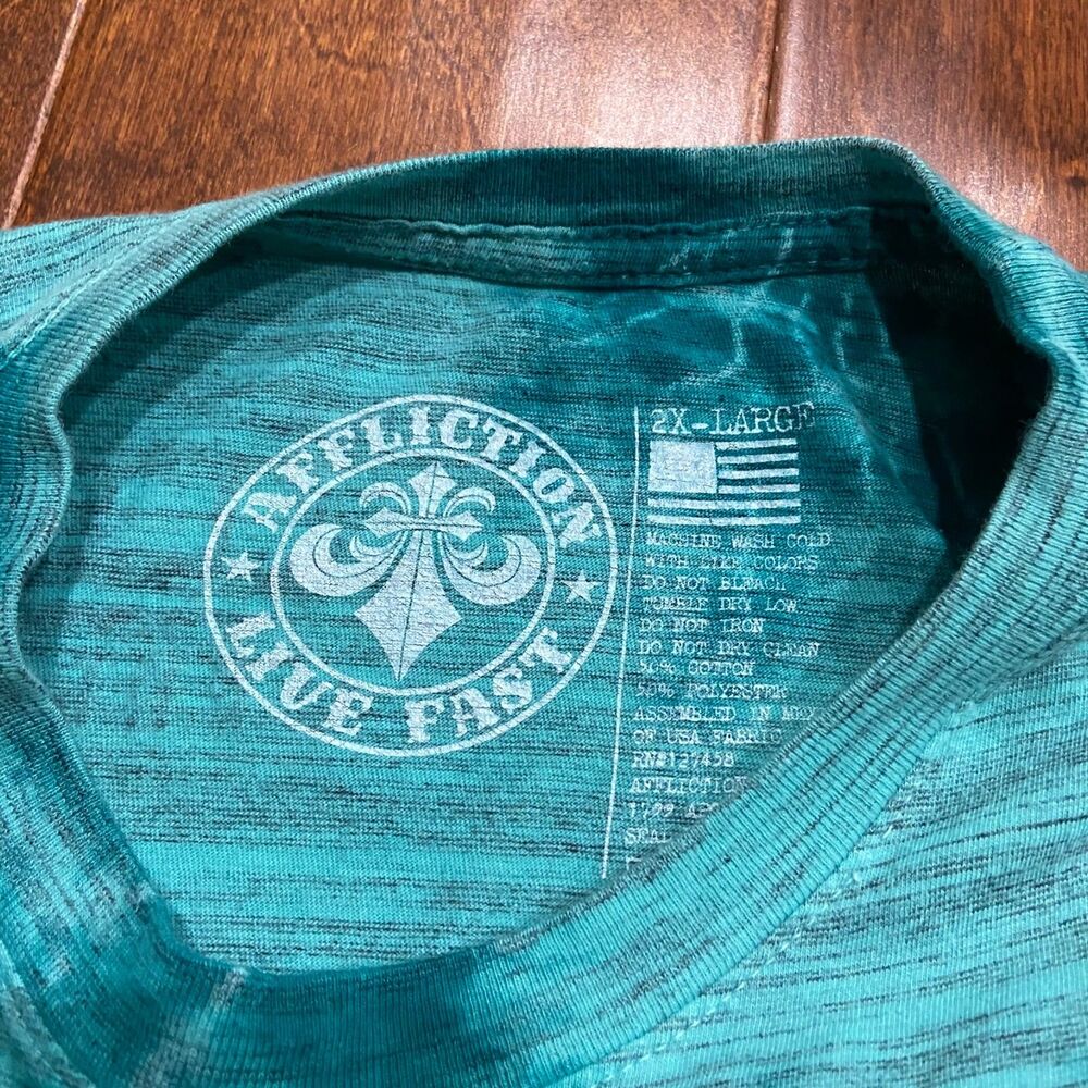 Affliction Live Fast Eagle Vintage Gothic Punk Washed Teal T-Shirt Mens Size 2XL - Picture 6 of 8